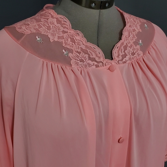 Shadowline Nightgown House Dress Pink Lace Full Length Button Down - Picture 1 of 8
